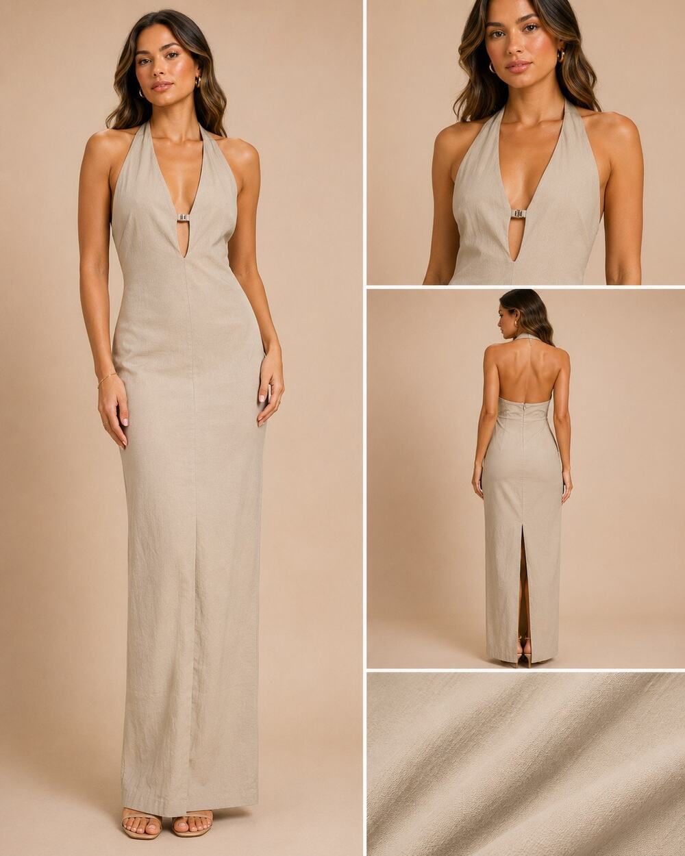 ZARA Halter Maxi Dress M Tan Open Back Back Slit Evening Minimalist NWT